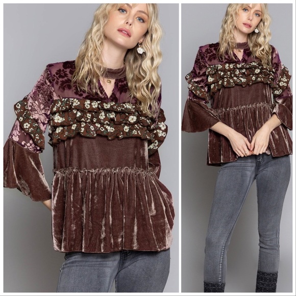 Cocoa Velvet & Bell Sleeves Ruffle Top - Picture 7 of 9